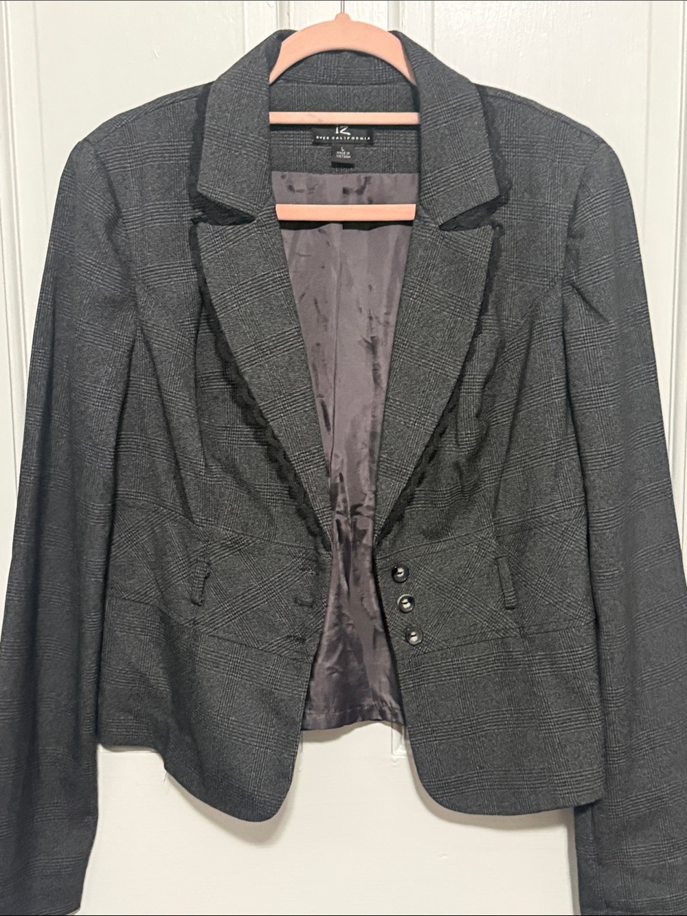 Iz Byer Charcoal Plaid Ruffle-Trim Blazer